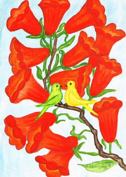Art Greeting Card featuring the painting Two birds on branch with flowers Campsis by Irina Afonskaya