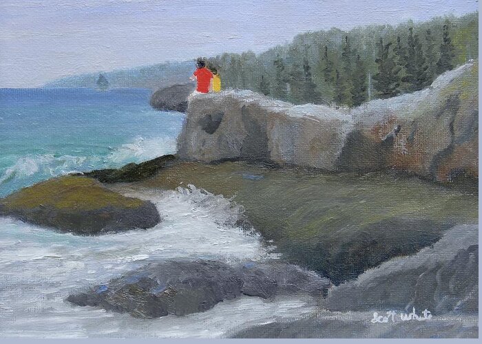 Seascape Ocean Landscape People Children Waves Rocks Maine Greeting Card featuring the painting Two Brothers by Scott W White