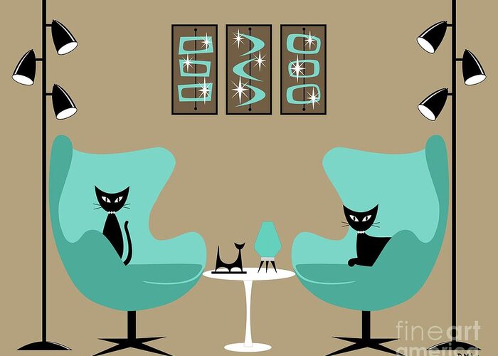 Mid Century Modern Greeting Card featuring the digital art Two Egg Chairs with Cats by Donna Mibus