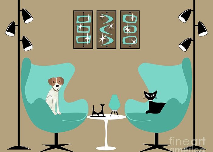 Mid Century Modern Greeting Card featuring the digital art Two Egg Chairs with Dog and Cat by Donna Mibus
