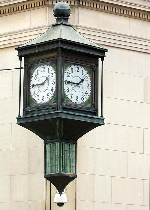Time Clock Architecture Green Urban City Greeting Card featuring the photograph Two Faced Time by Jill Reger
