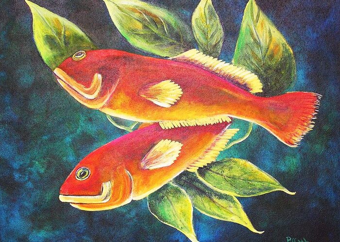 Two Fish Greeting Card featuring the painting Two fish by Patricia Piffath