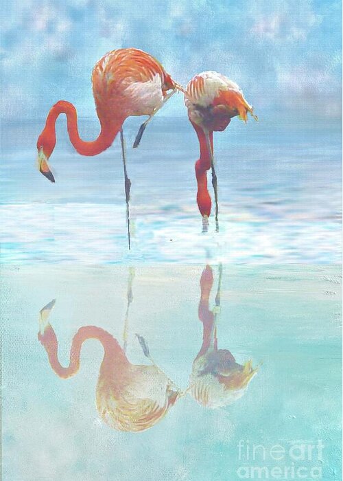 Flamingo Greeting Card featuring the digital art Two Flamingos Searching for Food by Janette Boyd