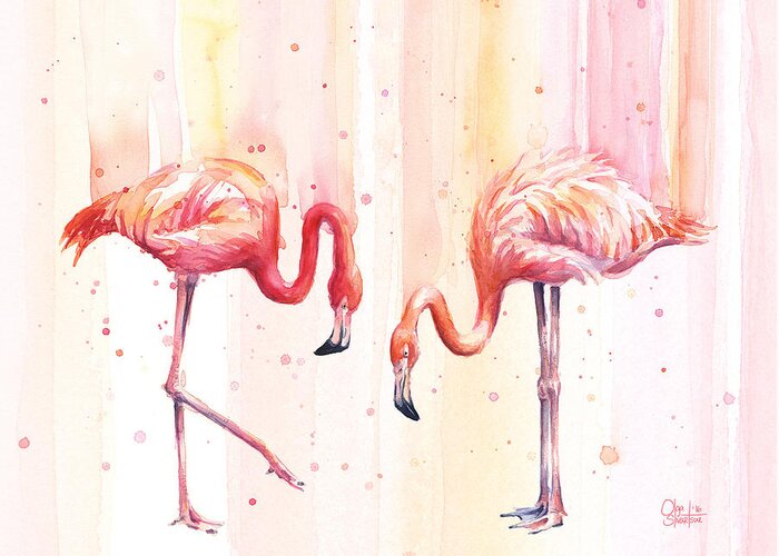 Flamingo Greeting Card featuring the painting Two Flamingos Watercolor by Olga Shvartsur