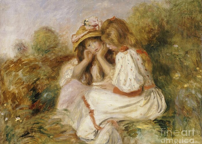 Portrait; Female; Seated; Impressionist; Impressionism; Outdoors Greeting Card featuring the painting Two Girls by Renoir by Pierre Auguste Renoir