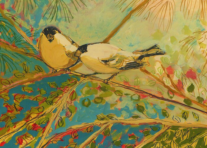 Bird Greeting Card featuring the painting Two Goldfinch Found by Jennifer Lommers