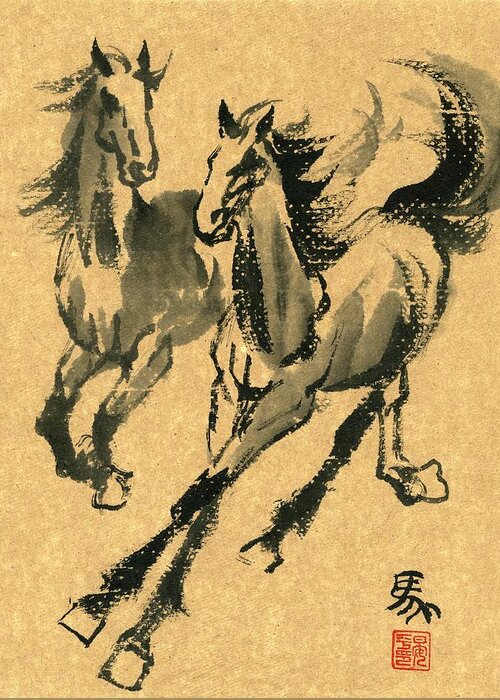 Horse Greeting Card featuring the painting Good Buddies by Ping Yan