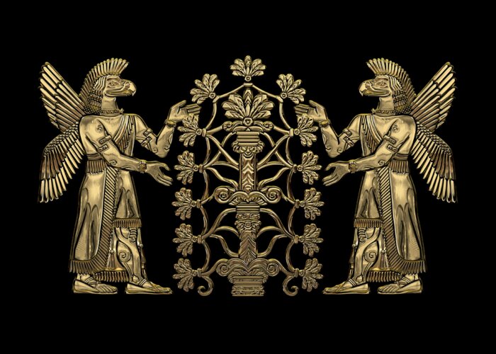 ‘treasures Of Mesopotamia’ Collection By Serge Averbukh Greeting Card featuring the digital art Two Instances of Gold God Ninurta with Tree of Life over Black Canvas by Serge Averbukh