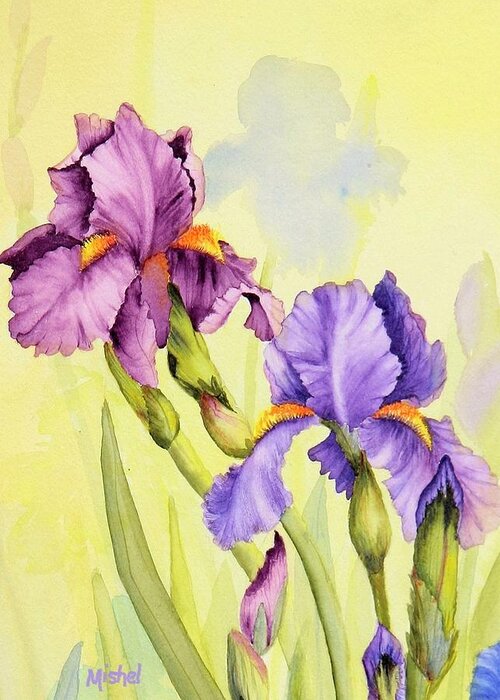 Iris Garden Greeting Card featuring the painting Two Irises by Mishel Vanderten