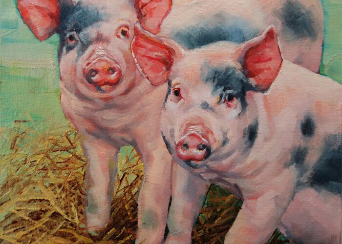 Pig Greeting Card featuring the painting Two Little Pigs by Margaret Stockdale