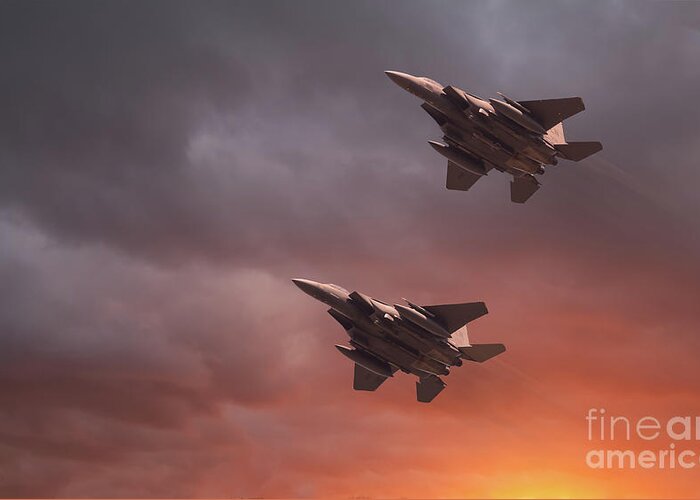 Usaf Greeting Card featuring the photograph Two low flying F-15E Strike Eagles at sunset by Simon Bratt