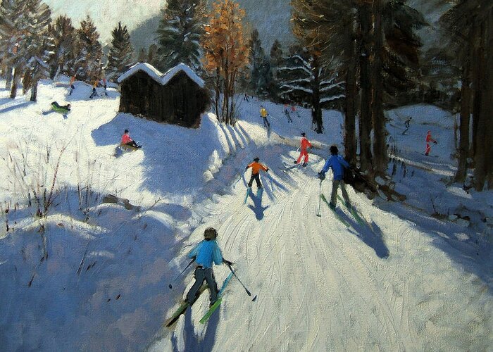 Sledging Greeting Card featuring the painting Two mountain huts by Andrew Macara