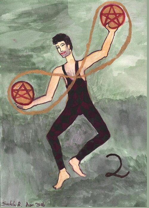 Tarot Greeting Card featuring the painting Two of Pentacles Illustrated by Sushila Burgess