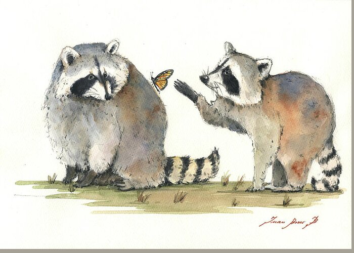 Raccoon Greeting Card featuring the painting Two Raccoons by Juan Bosco