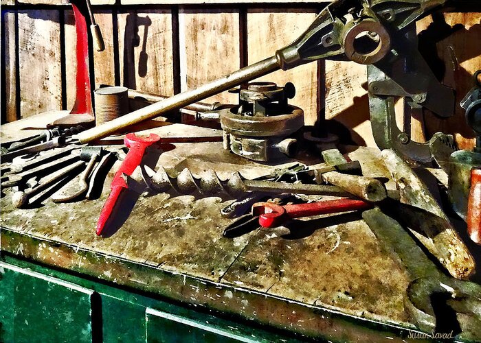 Wrench Greeting Card featuring the photograph Two Red Wrenches on Plumber's Workbench by Susan Savad