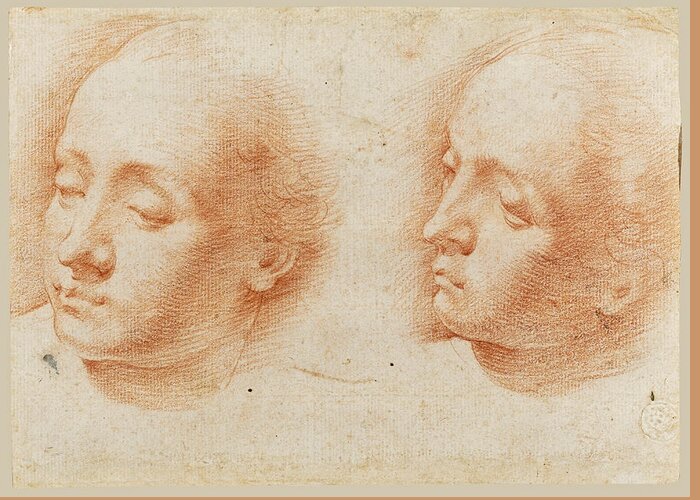 Alessandro Casolani Greeting Card featuring the drawing Two studies of a Woman's Head by Alessandro Casolani