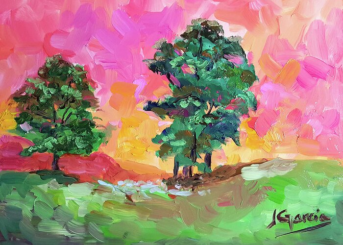 Landscape Greeting Card featuring the painting Two Trees by Janet Garcia