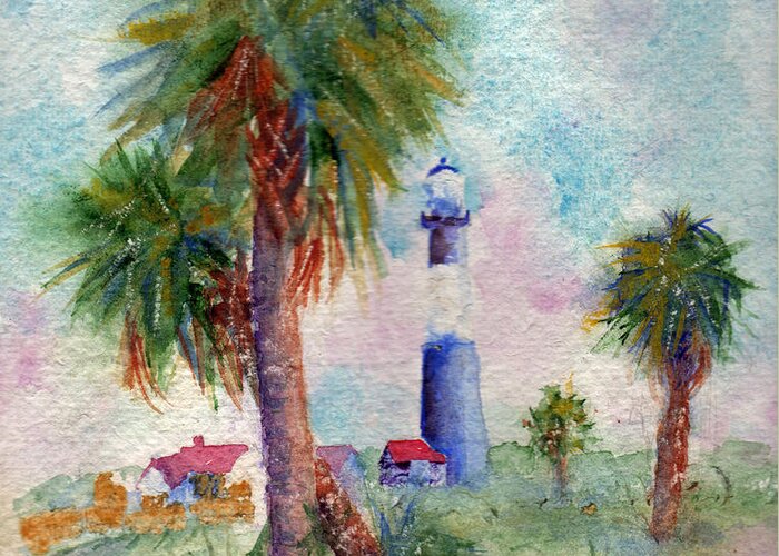 Tybee Greeting Card featuring the painting Tybee Lighthouse and Palms by Doris Blessington