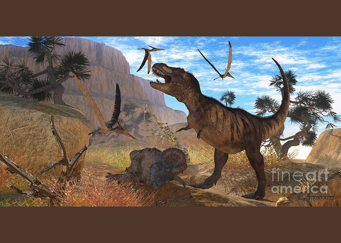 Tyrannosaurus Rex Greeting Card featuring the painting Tyrannosaurus Meeting by Corey Ford
