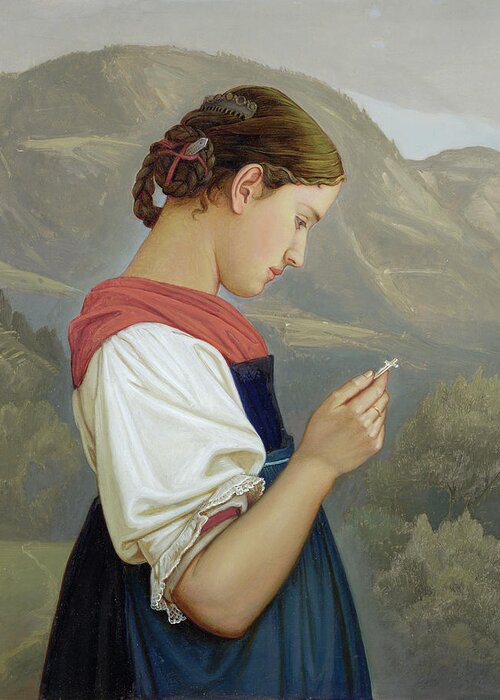 Tyrolean Girl Contemplating A Crucifix Greeting Card featuring the painting Tyrolean Girl Contemplating a Crucifix by Rudolph Friedrich Wasmann