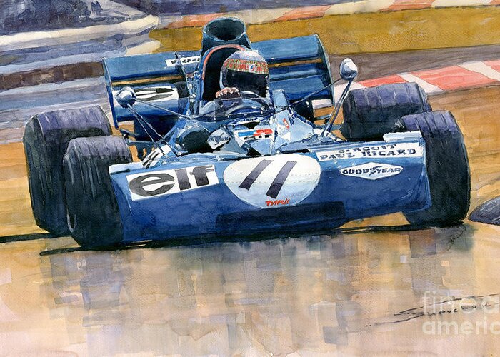 Watercolor Greeting Card featuring the painting Tyrrell Ford 003 Jackie Stewart 1971 French GP by Yuriy Shevchuk