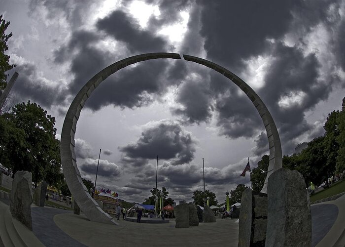 Sculpture Greeting Card featuring the photograph UAW Ring Detroit Hart Plaza by Steven Dunn