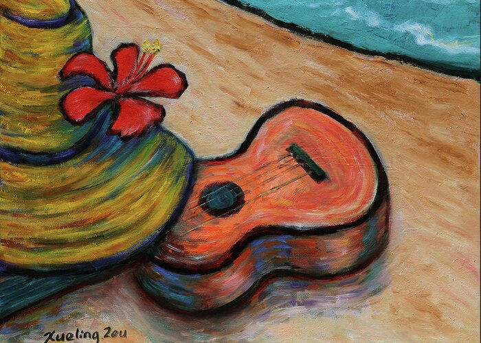 Hawaii Greeting Card featuring the painting Ukulele and Hibiscus Flower on a Hawaii Beach by Xueling Zou