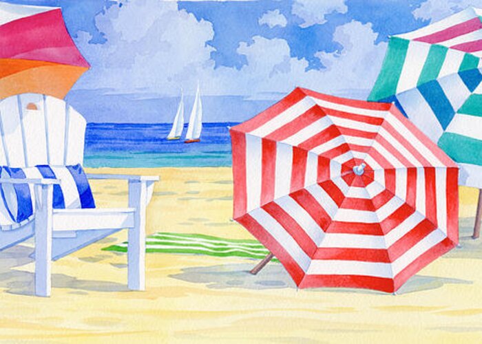Bay Greeting Card featuring the painting Umbrella Beach by Paul Brent