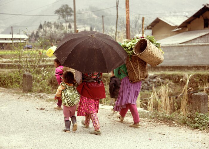 Vietnam Greeting Card featuring the photograph Umbrella Children Vietnamese by Chuck Kuhn
