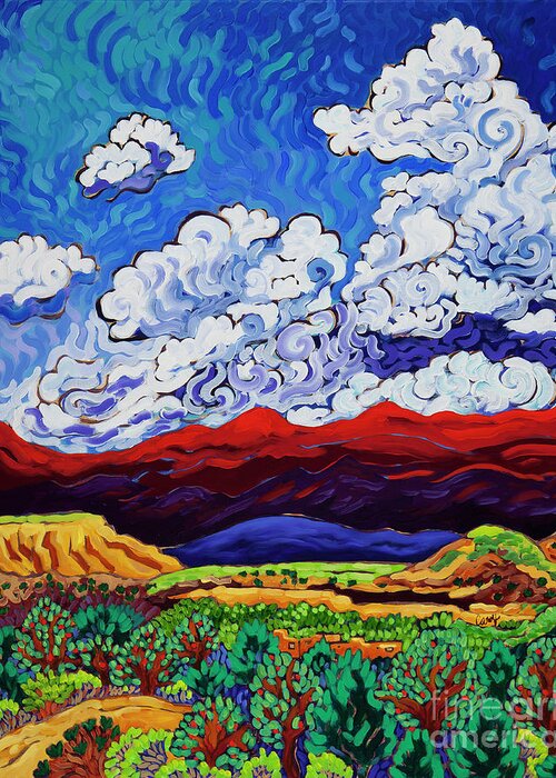 Colorful Southwest Landscape Greeting Card featuring the painting Under New Mexico Skies by Cathy Carey
