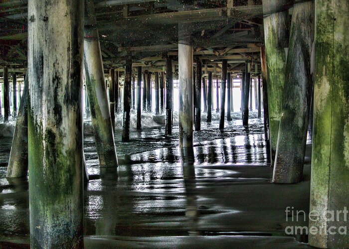 Under The Pier; Pylons; Waves; Ocean; Pacific Ocean; White; Silver; Water; Joe Lach; Beach; Sand; Light; Green Greeting Card featuring the photograph Under the Pier 1 by Joe Lach