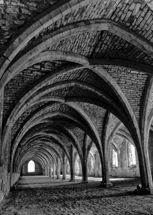 Monochrome Photography Greeting Card featuring the photograph Under the vaults. Vertical. by Elena Perelman