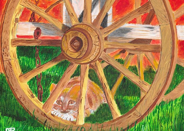 Cat Greeting Card featuring the painting Under the wagon by David Bigelow