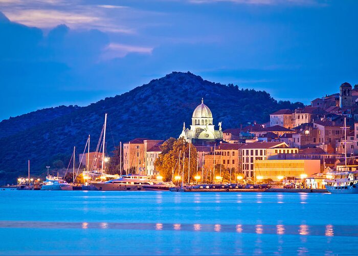 Unesco Greeting Card featuring the photograph UNESCO town of Sibenik blue hour view by Brch Photography