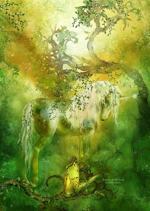 Unicorn Greeting Card featuring the mixed media Unicorn Of The Forest by Carol Cavalaris