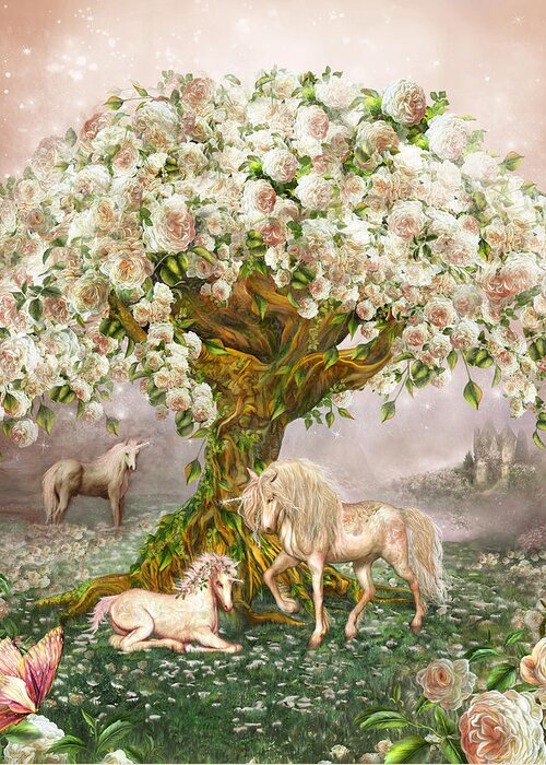 Carol Cavalaris Greeting Card featuring the mixed media Unicorn Rose Tree by Carol Cavalaris