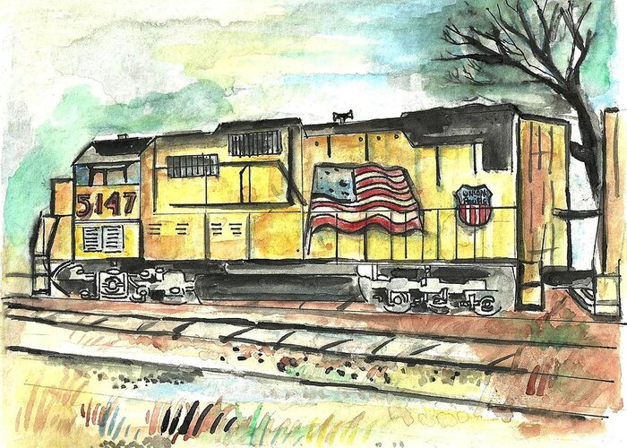  Greeting Card featuring the painting Union Pacific Engine by Matt Gaudian
