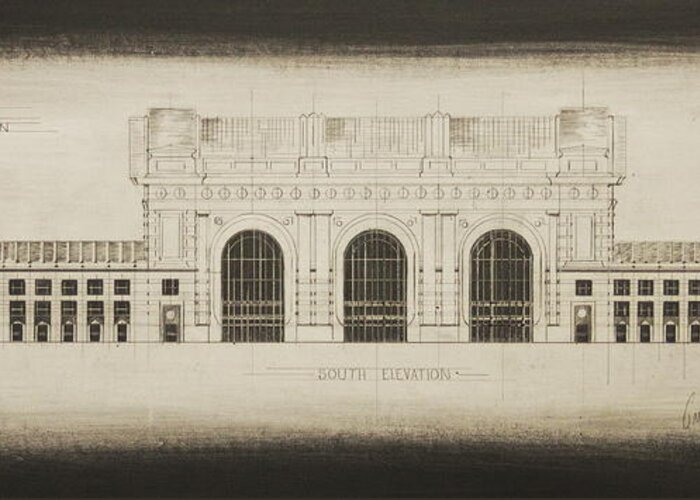 Union Station Greeting Card featuring the drawing Union Station - Blueprint by Gregory Lee