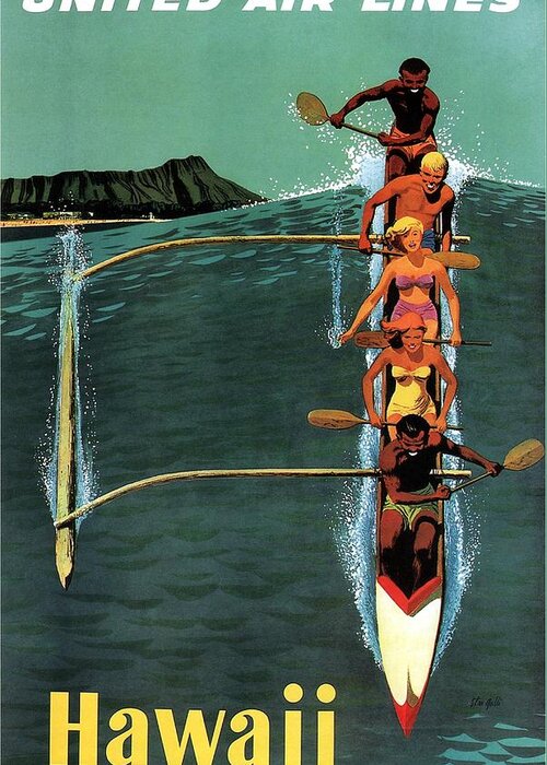 United Greeting Card featuring the mixed media United Air Lines to Hawaii - Riding With Outrigger - Retro travel Poster - Vintage Poster by Studio Grafiikka