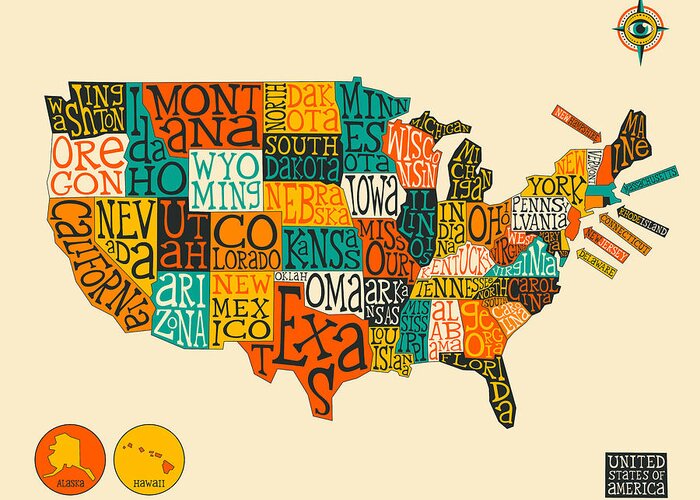 United States Map Greeting Card featuring the digital art United States Map Typography by Jazzberry Blue