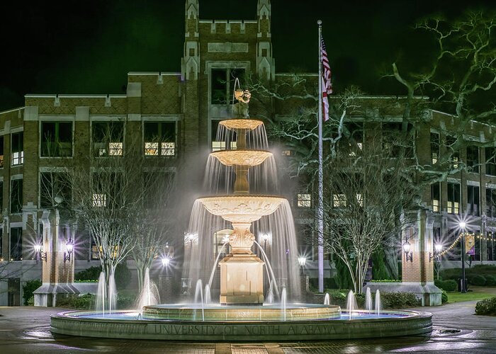 Alabama Greeting Card featuring the photograph University of North Alabama Fountain at Night by James-Allen