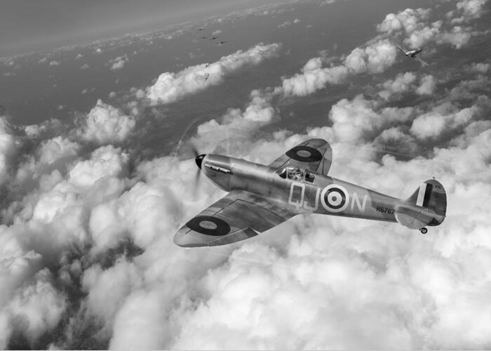 Spitfire Mk I Greeting Card featuring the digital art Up against it black and white version by Gary Eason