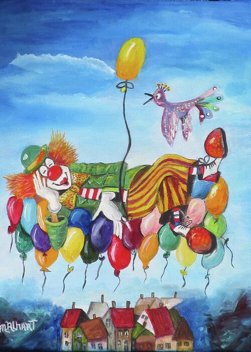 Clown Greeting Card featuring the painting Up, Up and Away by Mikki Alhart