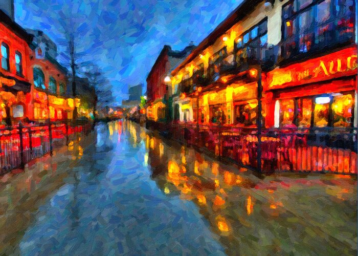 Night Greeting Card featuring the painting Urban Rain Reflections by Prince Andre Faubert