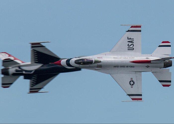 Thunderbirds Greeting Card featuring the photograph U.S. Air Force Thunderbirds Opposing Pass by Tony Hake