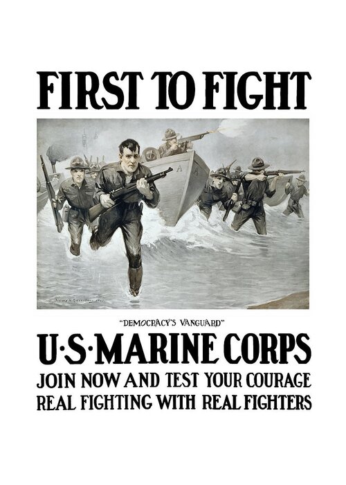 Marines Greeting Card featuring the painting US Marine Corps - First To Fight by War Is Hell Store
