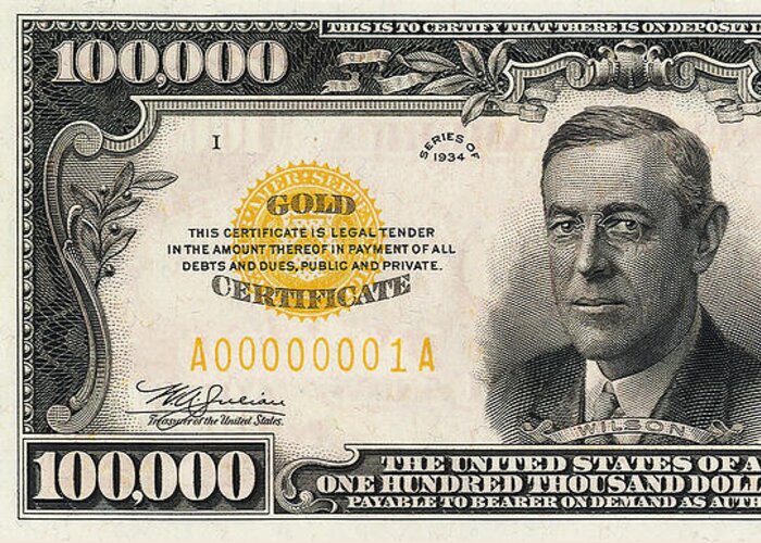 'paper Currency' Collection By Serge Averbukh Greeting Card featuring the digital art U.S. One Hundred Thousand Dollar Bill - 1934 $100000 USD Treasury Note by Serge Averbukh