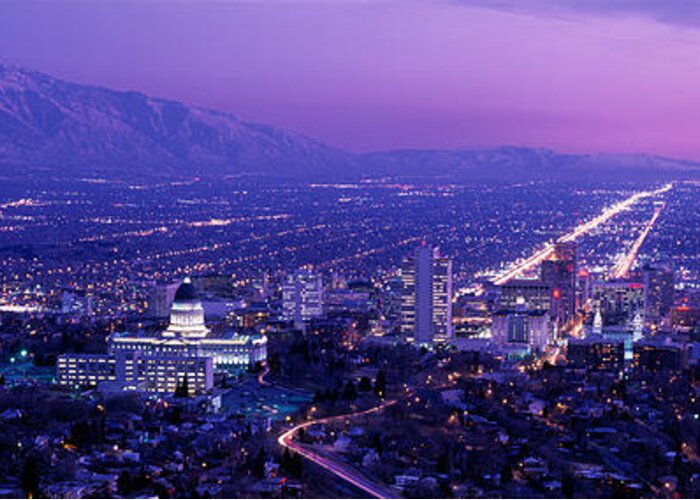 Photography Greeting Card featuring the photograph Usa, Utah, Salt Lake City, Aerial, Night by Panoramic Images