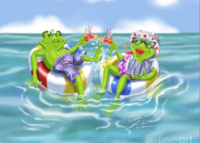 Frogs Greeting Card featuring the mixed media Vacation Happy Frog Couple by Shari Warren