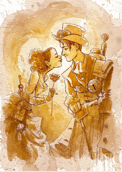 Steampunk Greeting Card featuring the painting Valentine by Brian Kesinger